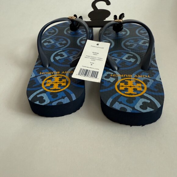 NWT Tory Burch Thin Flip Flop Mixed Logo Blue Sandals Size 5 Summer 10054-K20 - Picture 5 of 9